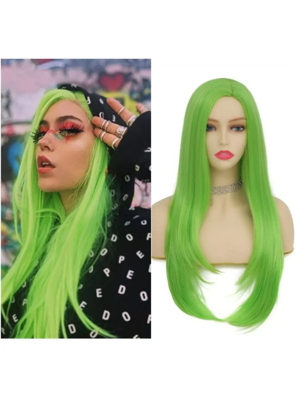 Women's Green Long Curly Wig With Wavy Synthetic Cosplay Halloween Wig